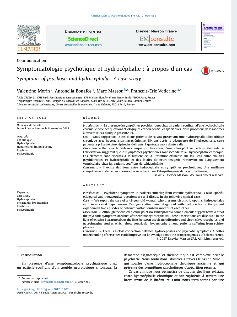 Symptomatologie psychotique et hydrocéphalieÂ : Ã  propos d'un cas