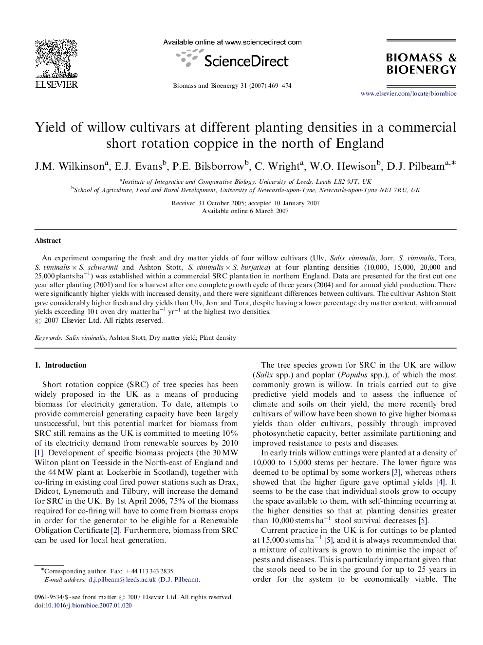 Yield of willow cultivars at different planting densities in a commercial short rotation coppice in the north of England