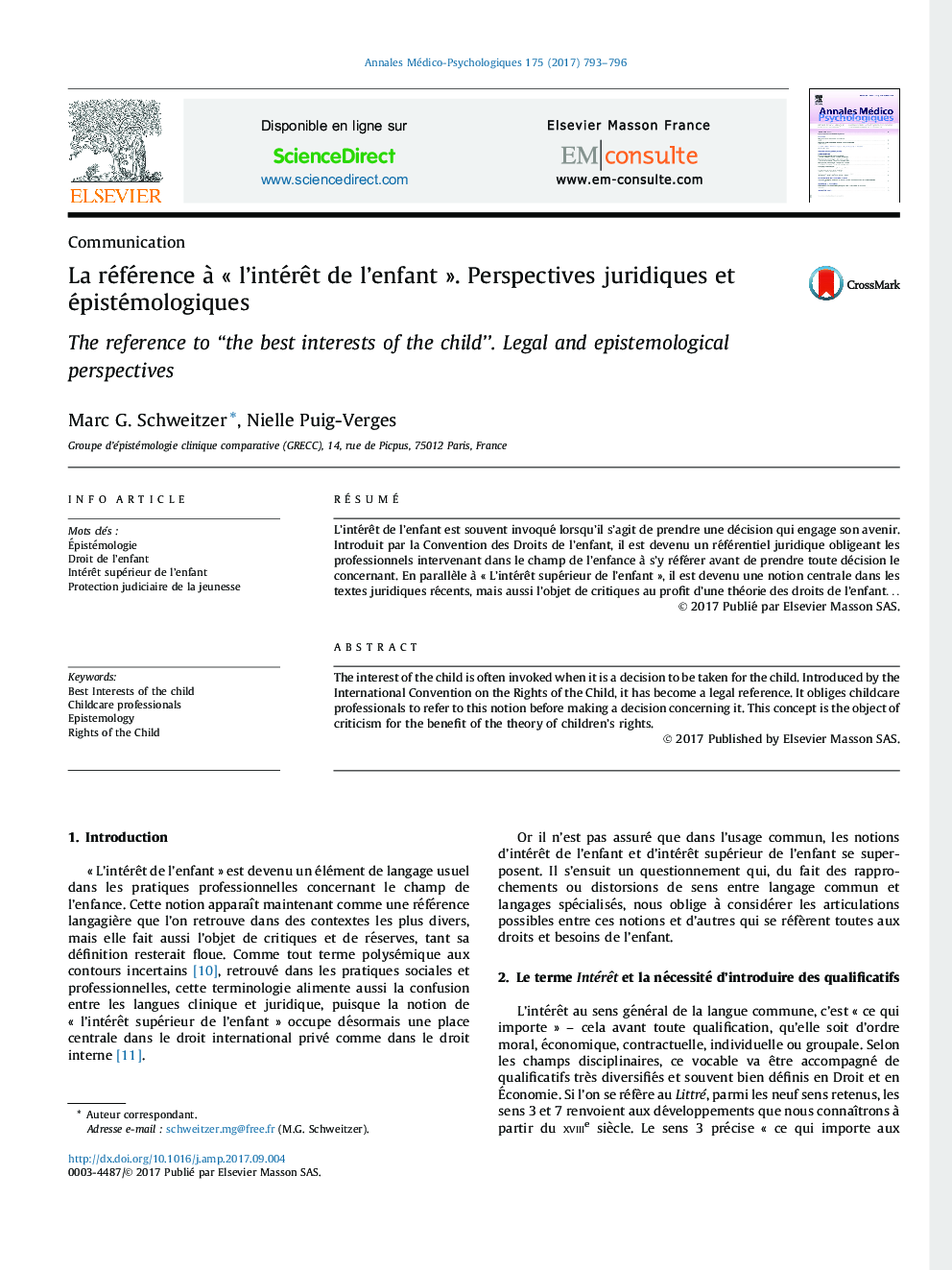 La référence Ã  Â«Â l'intérÃªt de l'enfantÂ Â». Perspectives juridiques et épistémologiques