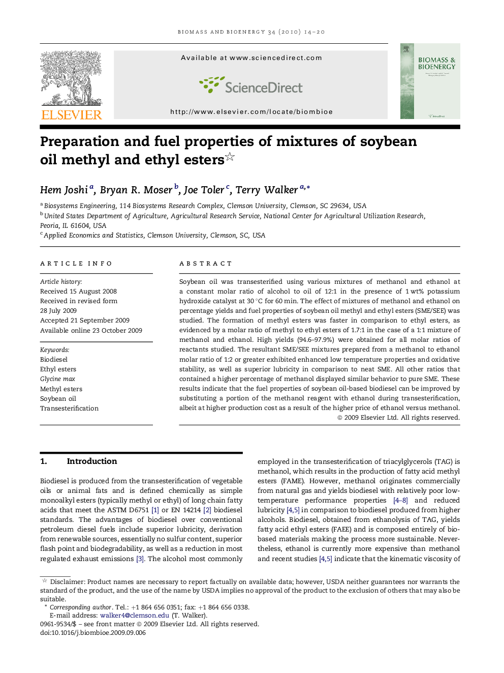 Preparation and fuel properties of mixtures of soybean oil methyl and ethyl esters