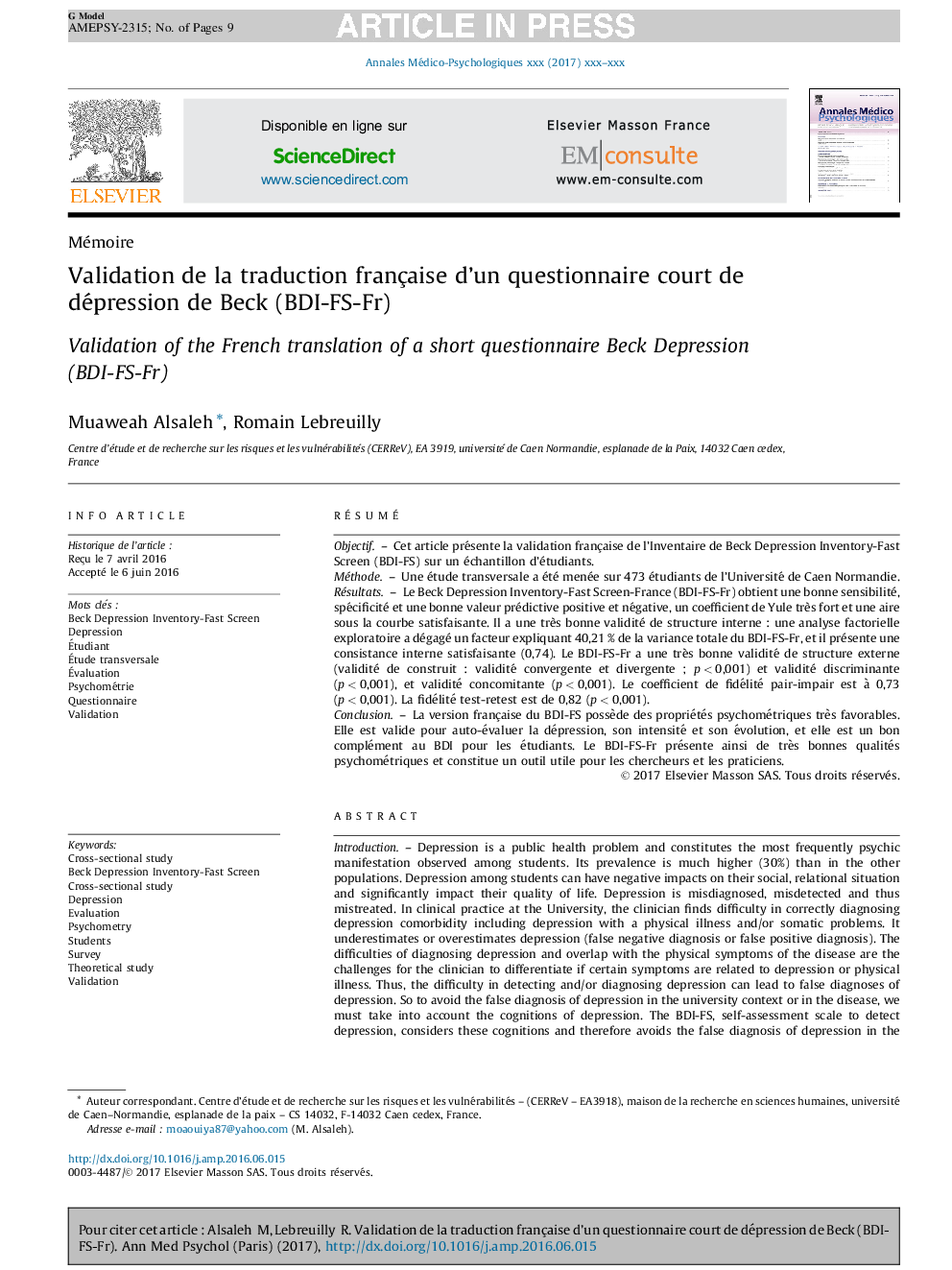 Validation de la traduction française d'un questionnaire court de dépression de Beck (BDI-FS-Fr)
