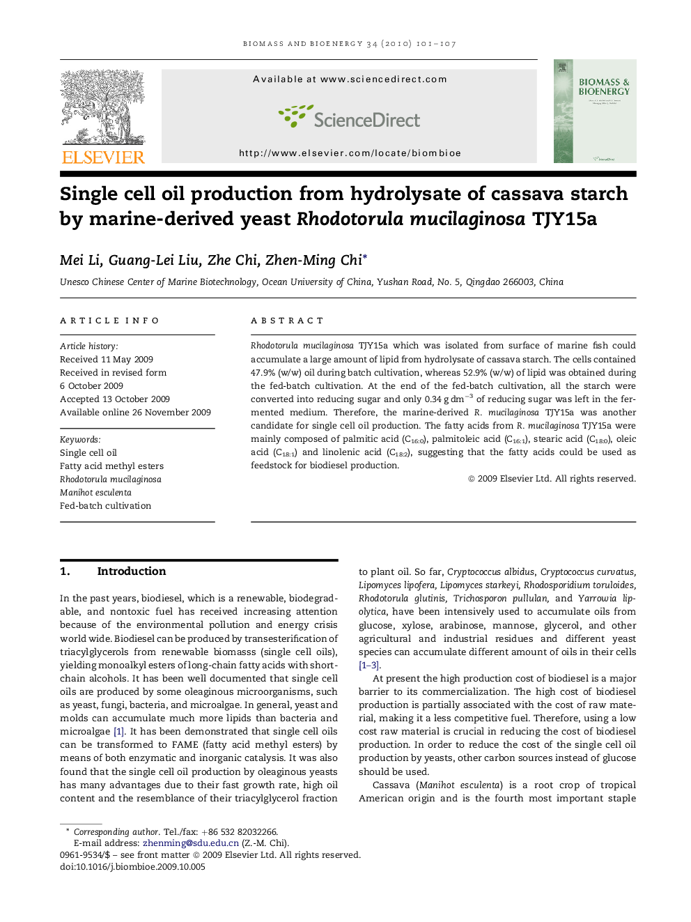 Single cell oil production from hydrolysate of cassava starch by marine-derived yeast Rhodotorula mucilaginosa TJY15a