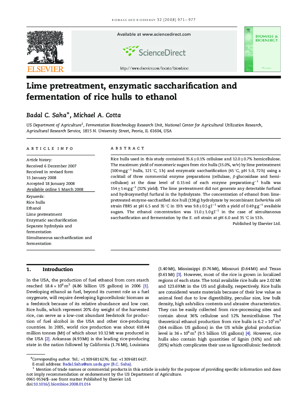 عکس صفحه اول مقاله: Lime pretreatment, enzymatic saccharification and fermentation of rice hulls to ethanol Lime pretreatment, enzymatic saccharification and fermentation of rice hulls to ethanol
