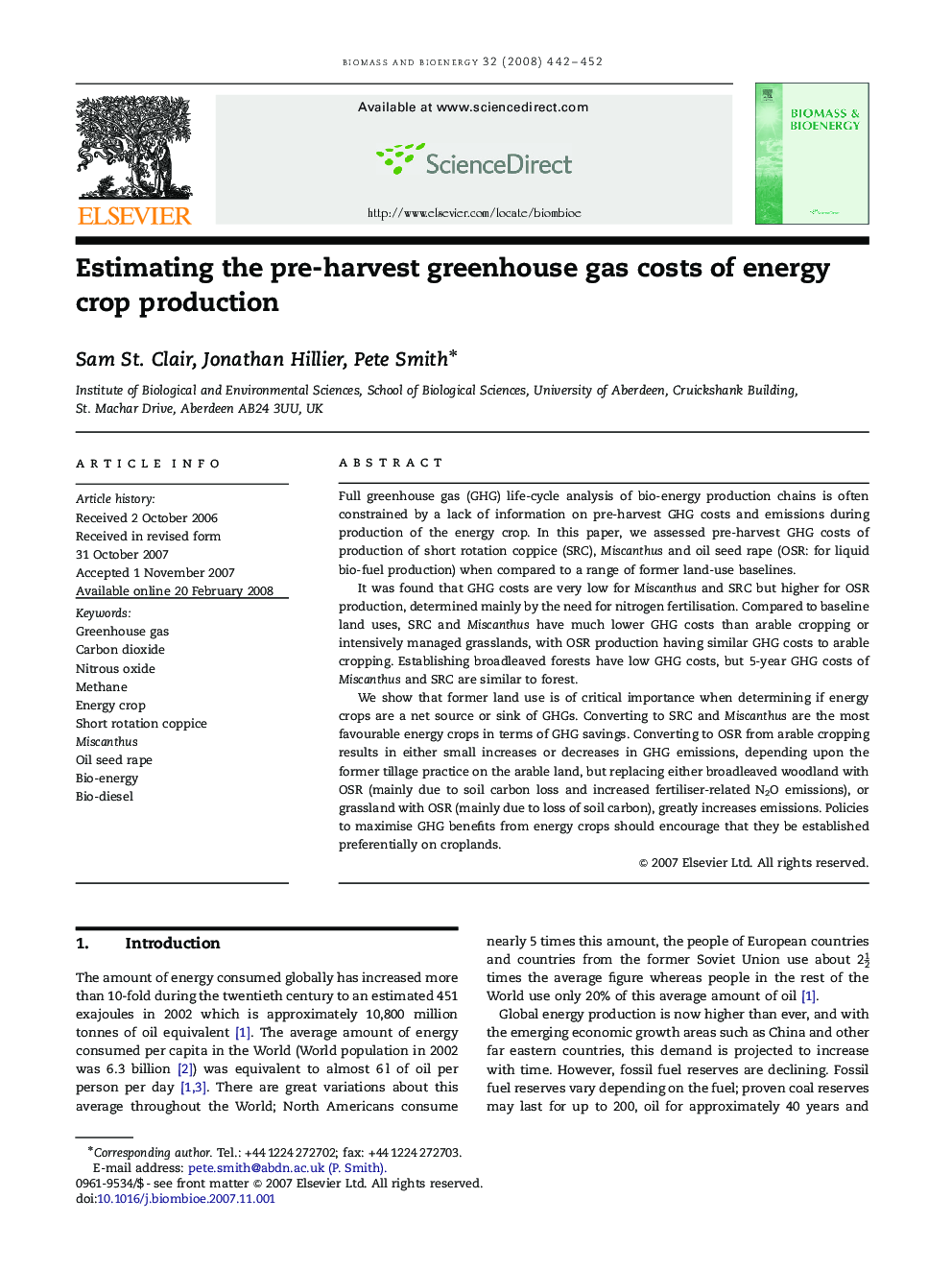 Estimating the pre-harvest greenhouse gas costs of energy crop production