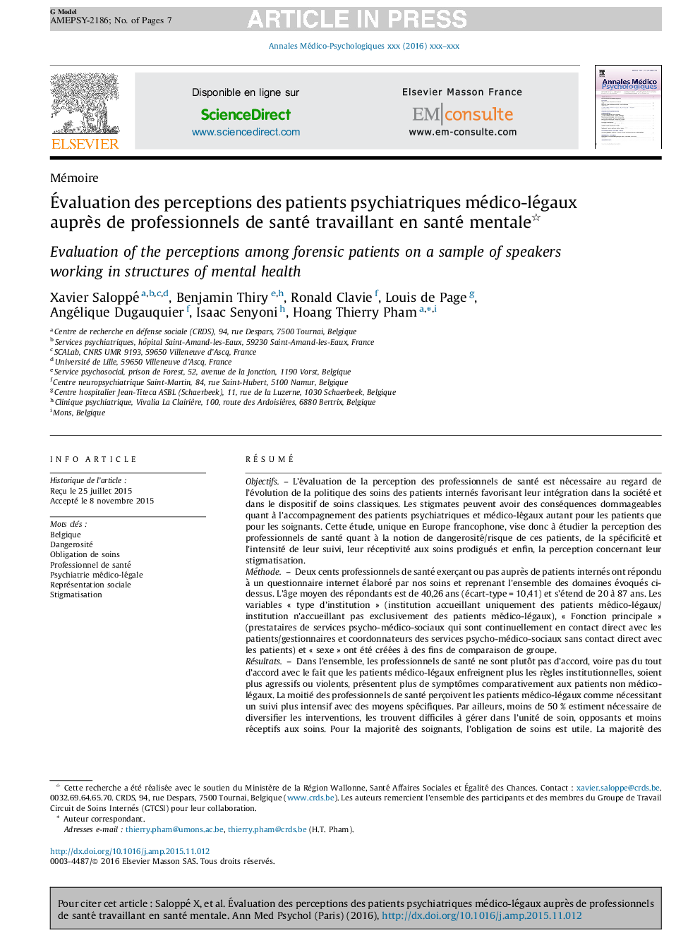 Ãvaluation des perceptions des patients psychiatriques médico-légaux auprÃ¨s de professionnels de santé travaillant en santé mentale