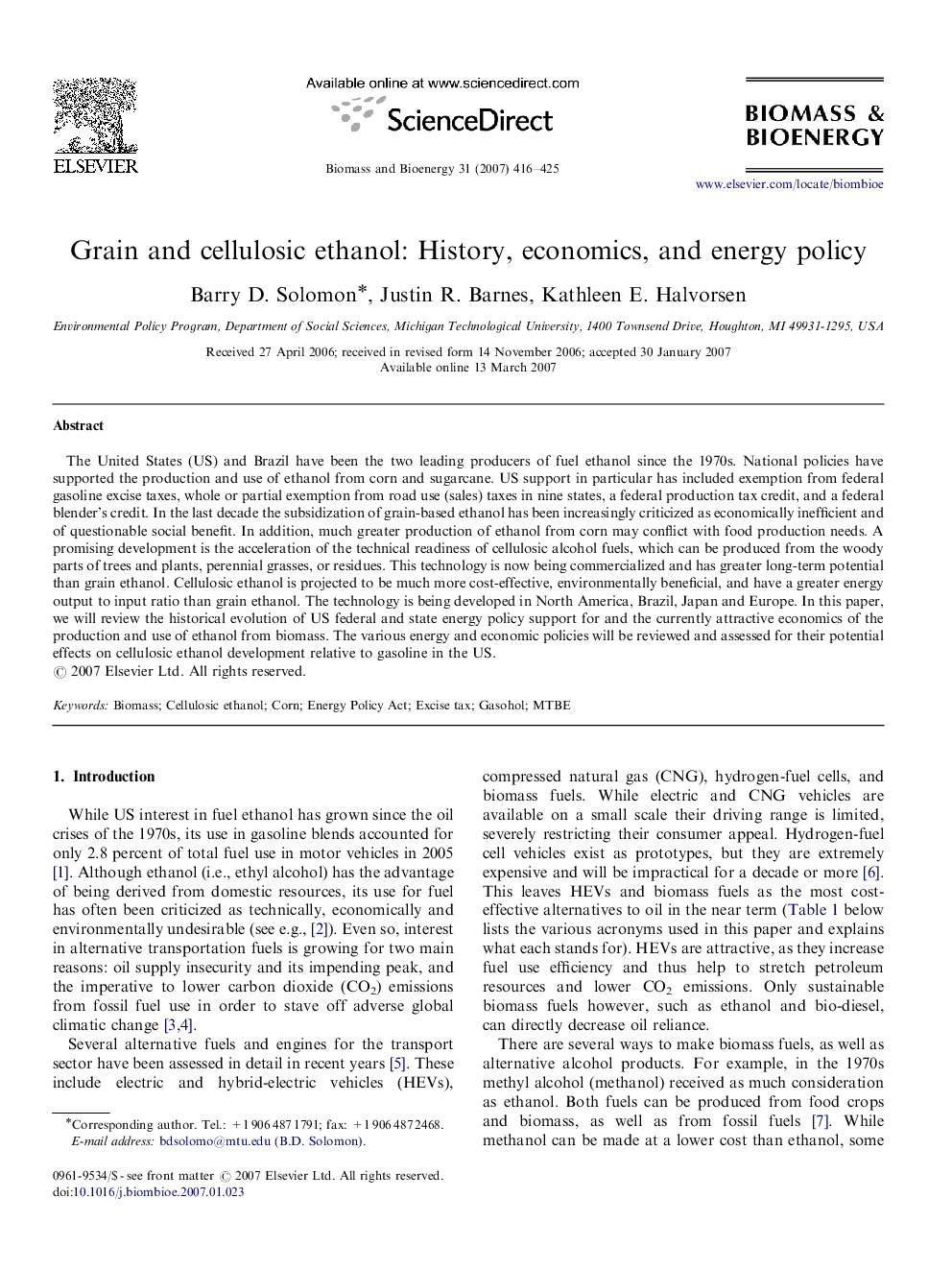 Grain and cellulosic ethanol: History, economics, and energy policy