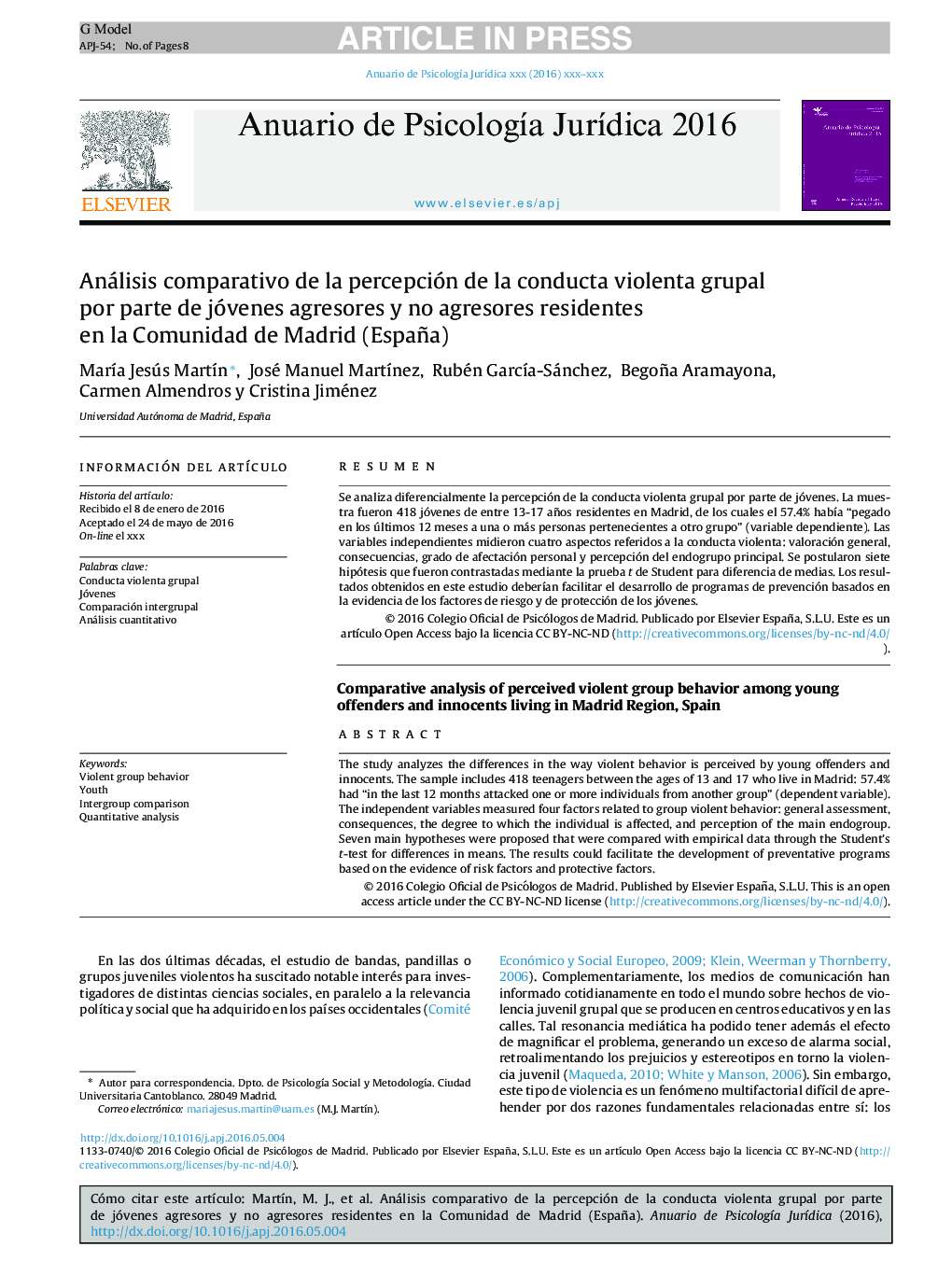 Análisis comparativo de la percepción de la conducta violenta grupal por parte de jóvenes agresores y no agresores residentes en la Comunidad de Madrid (España)