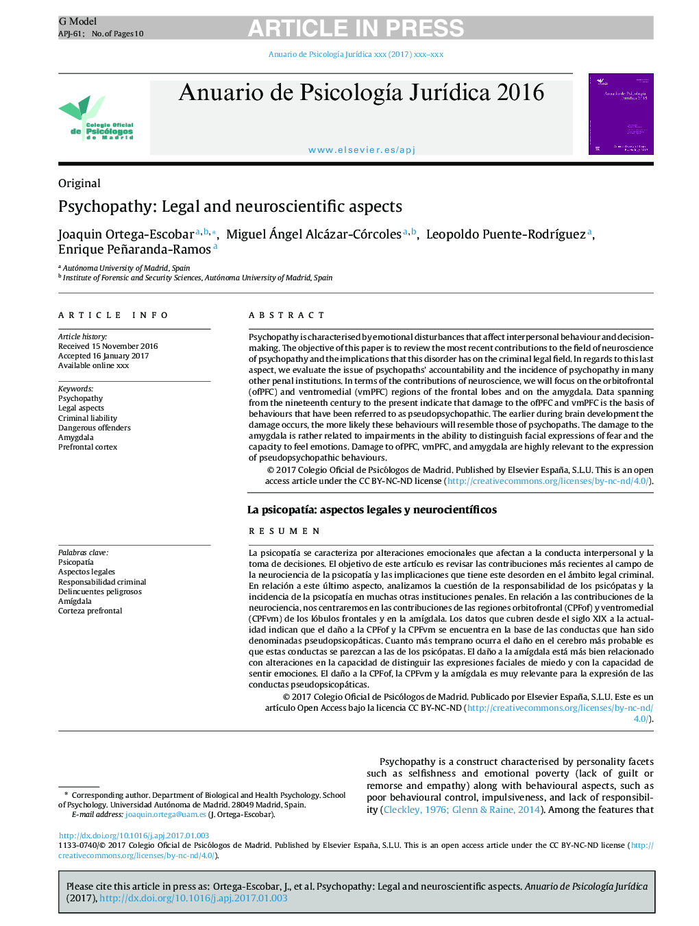 Psychopathy: Legal and neuroscientific aspects