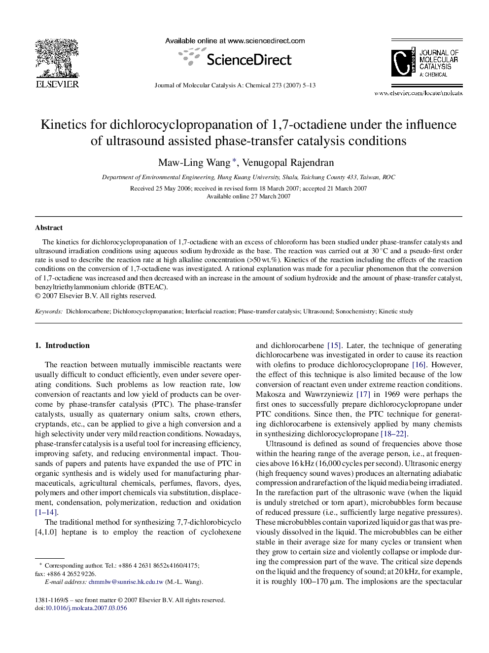 Kinetics for dichlorocyclopropanation of 1,7-octadiene under the influence of ultrasound assisted phase-transfer catalysis conditions