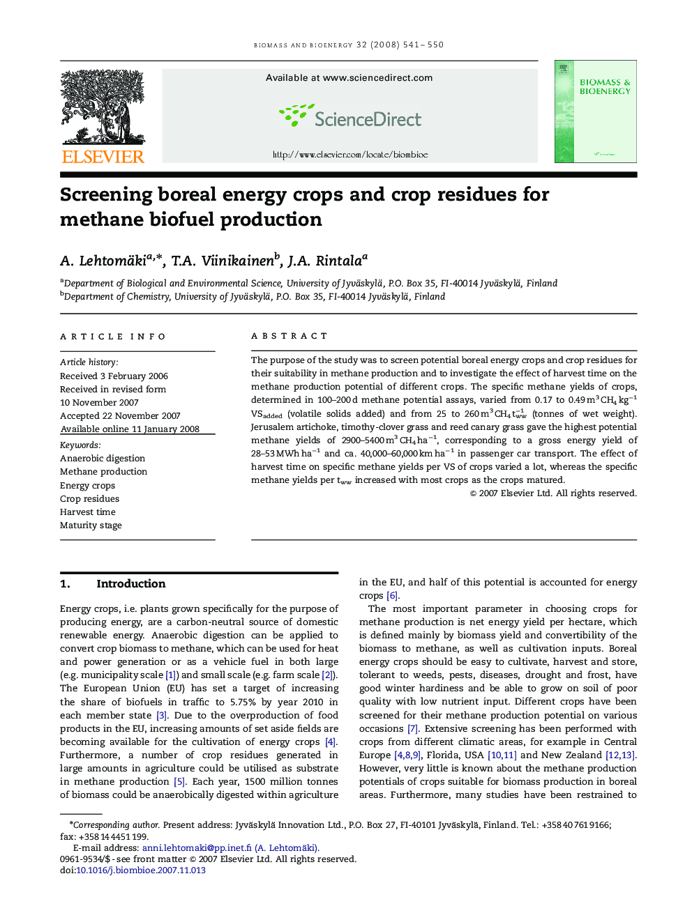 Screening boreal energy crops and crop residues for methane biofuel production