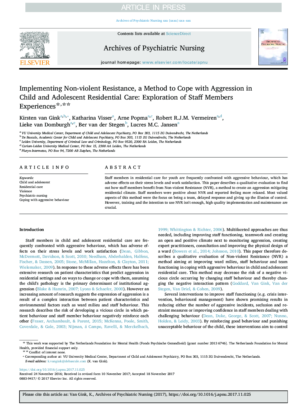 Implementing Non-violent Resistance, a Method to Cope with Aggression in Child and Adolescent Residential Care: Exploration of Staff Members Experiences