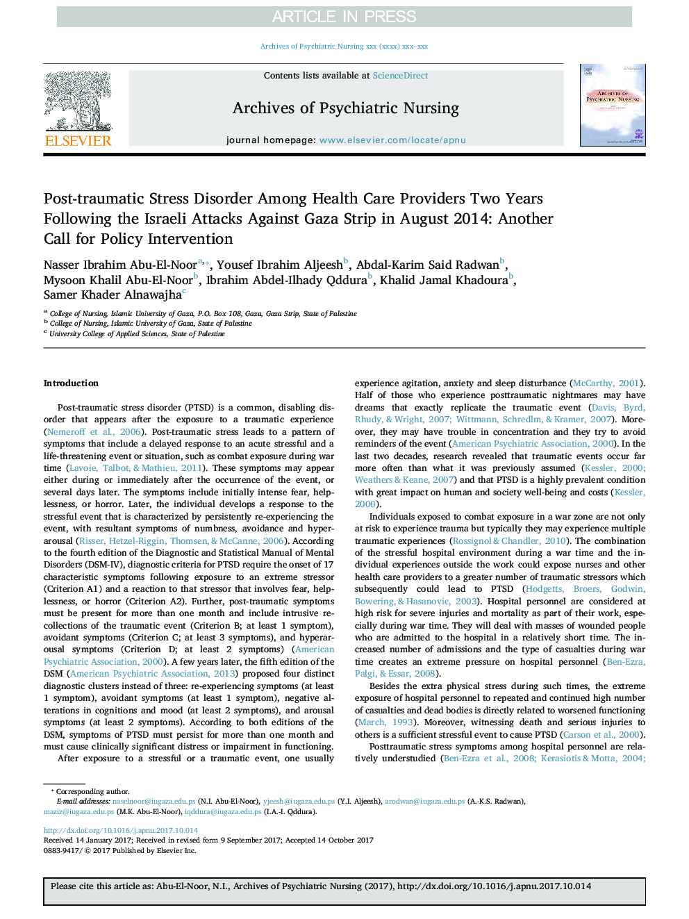 Post-traumatic Stress Disorder Among Health Care Providers Two Years Following the Israeli Attacks Against Gaza Strip in August 2014: Another Call for Policy Intervention