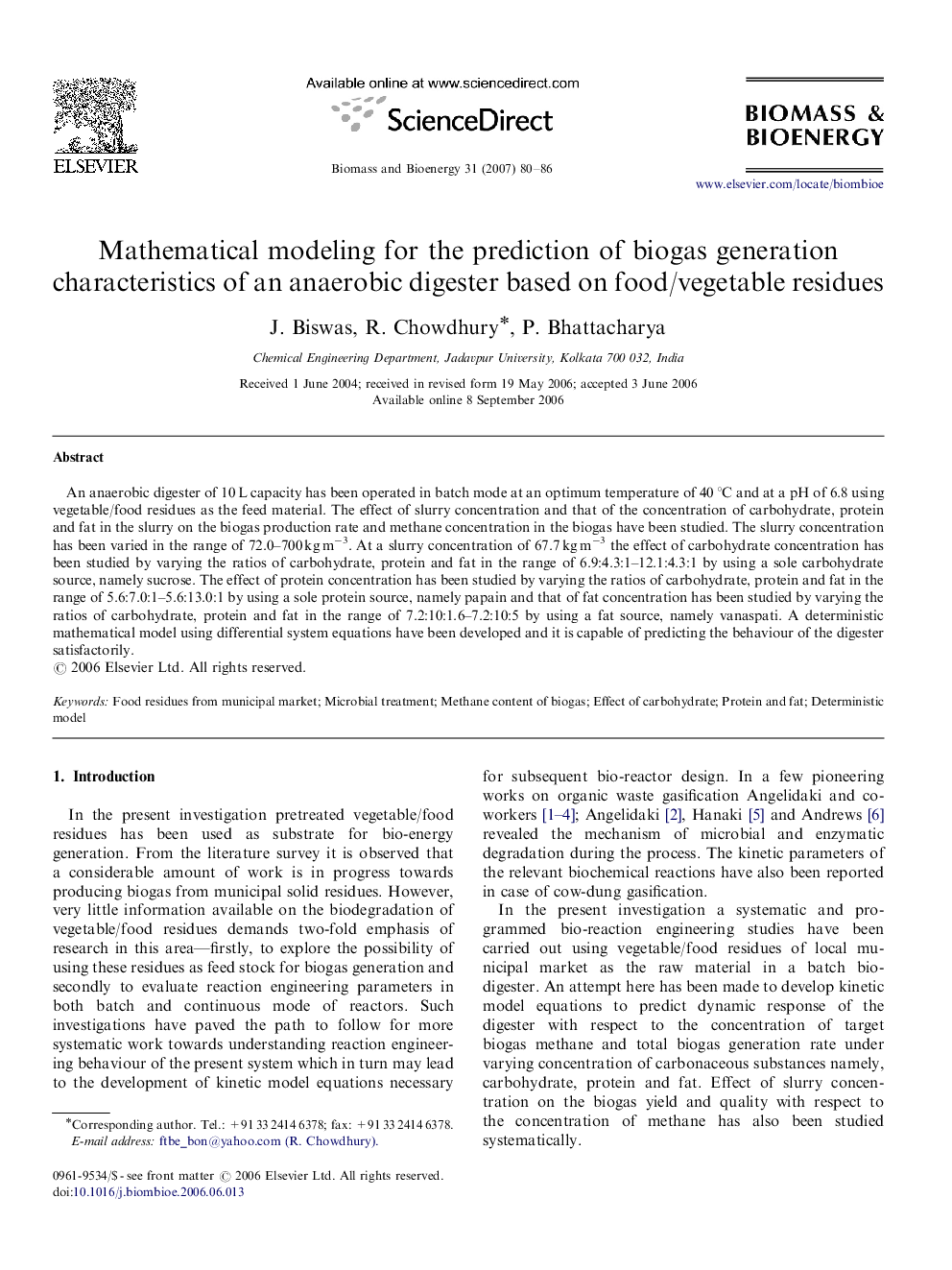 Mathematical modeling for the prediction of biogas generation characteristics of an anaerobic digester based on food/vegetable residues