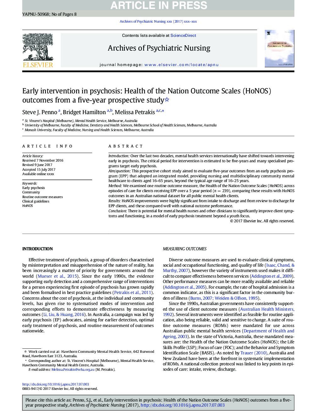 Early Intervention in Psychosis: Health of the Nation Outcome Scales (HoNOS) Outcomes From a Five-Year Prospective Study