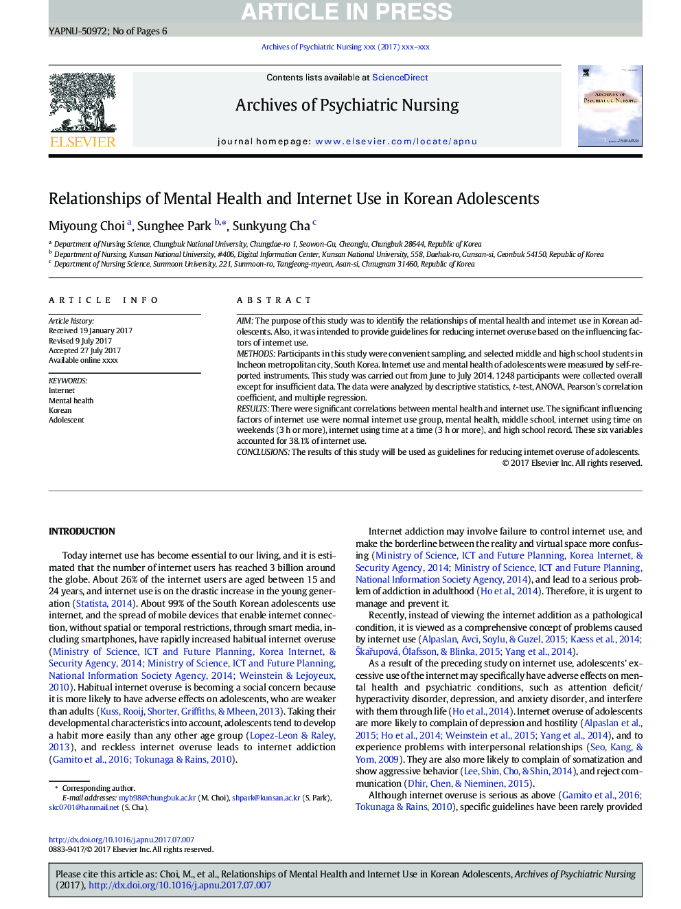 Relationships of Mental Health and Internet Use in Korean Adolescents