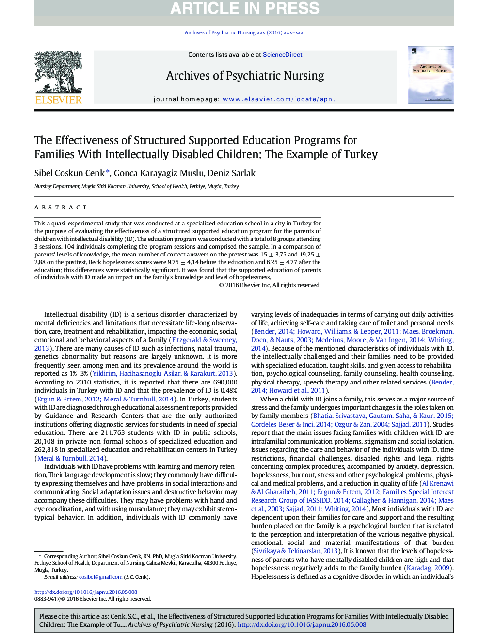 The Effectiveness of Structured Supported Education Programs for Families With Intellectually Disabled Children: The Example of Turkey