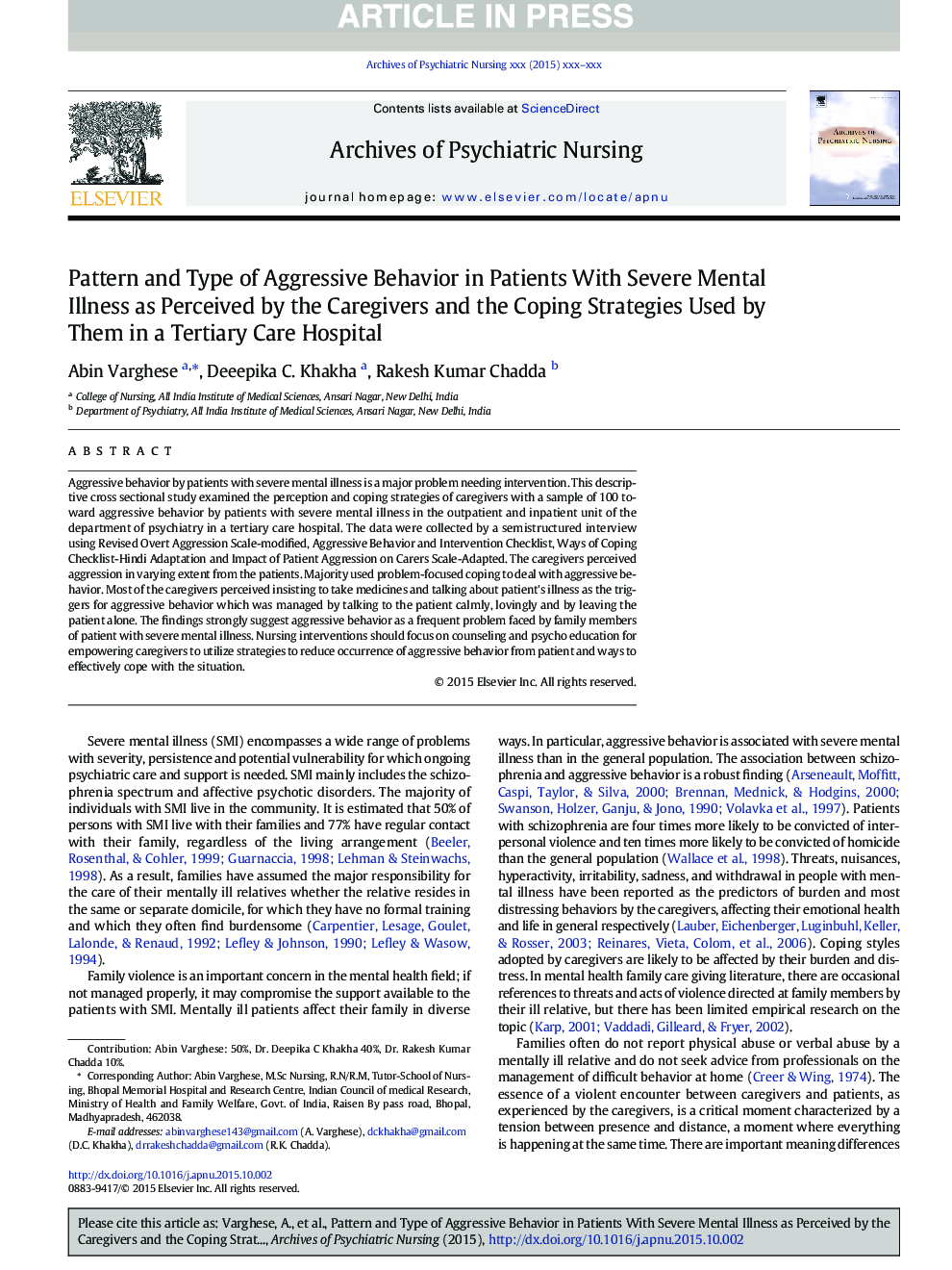 Pattern and Type of Aggressive Behavior in Patients with Severe Mental Illness as Perceived by the Caregivers and the Coping Strategies Used by Them in a Tertiary Care Hospital