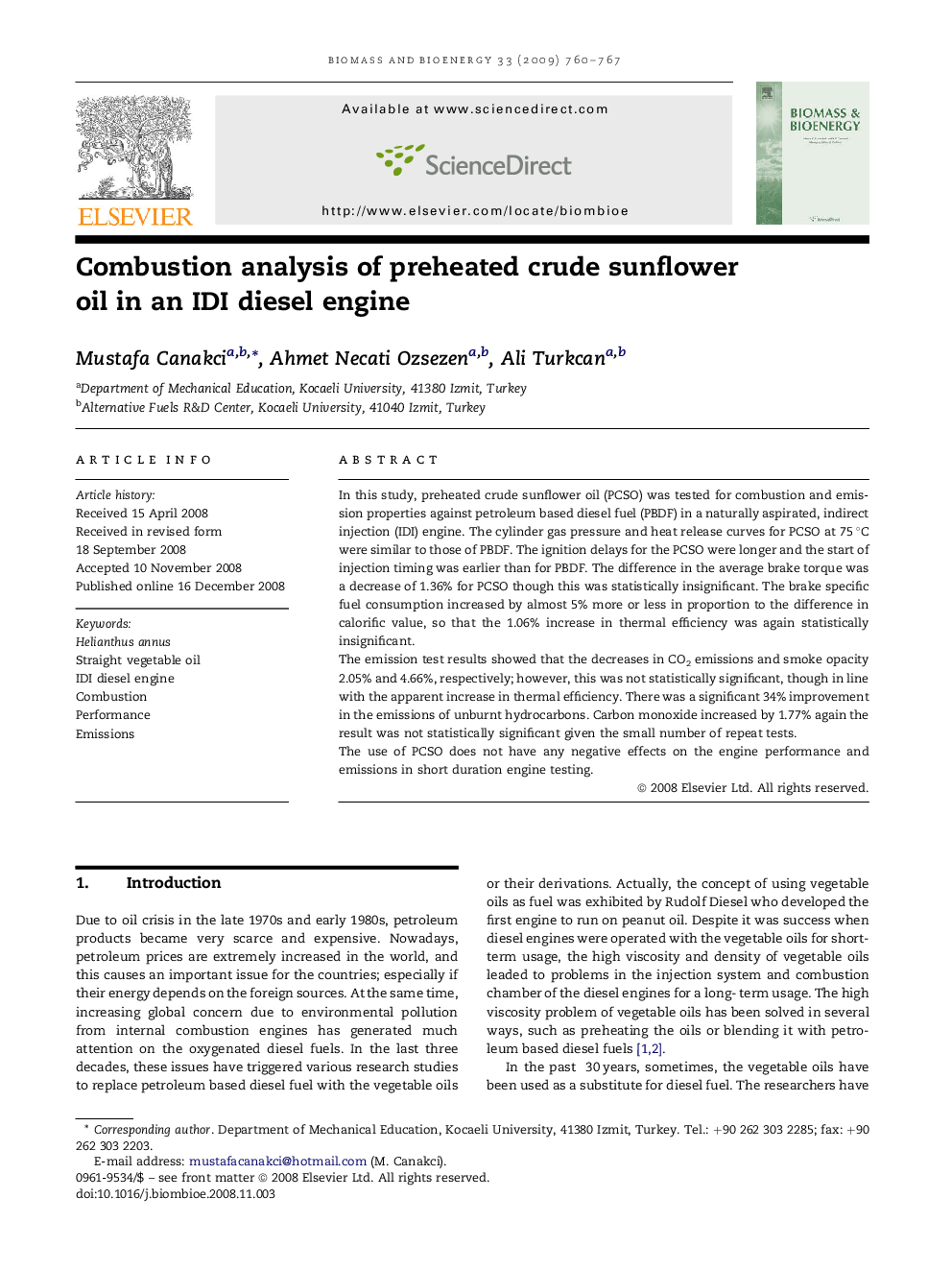 Combustion analysis of preheated crude sunflower oil in an IDI diesel engine