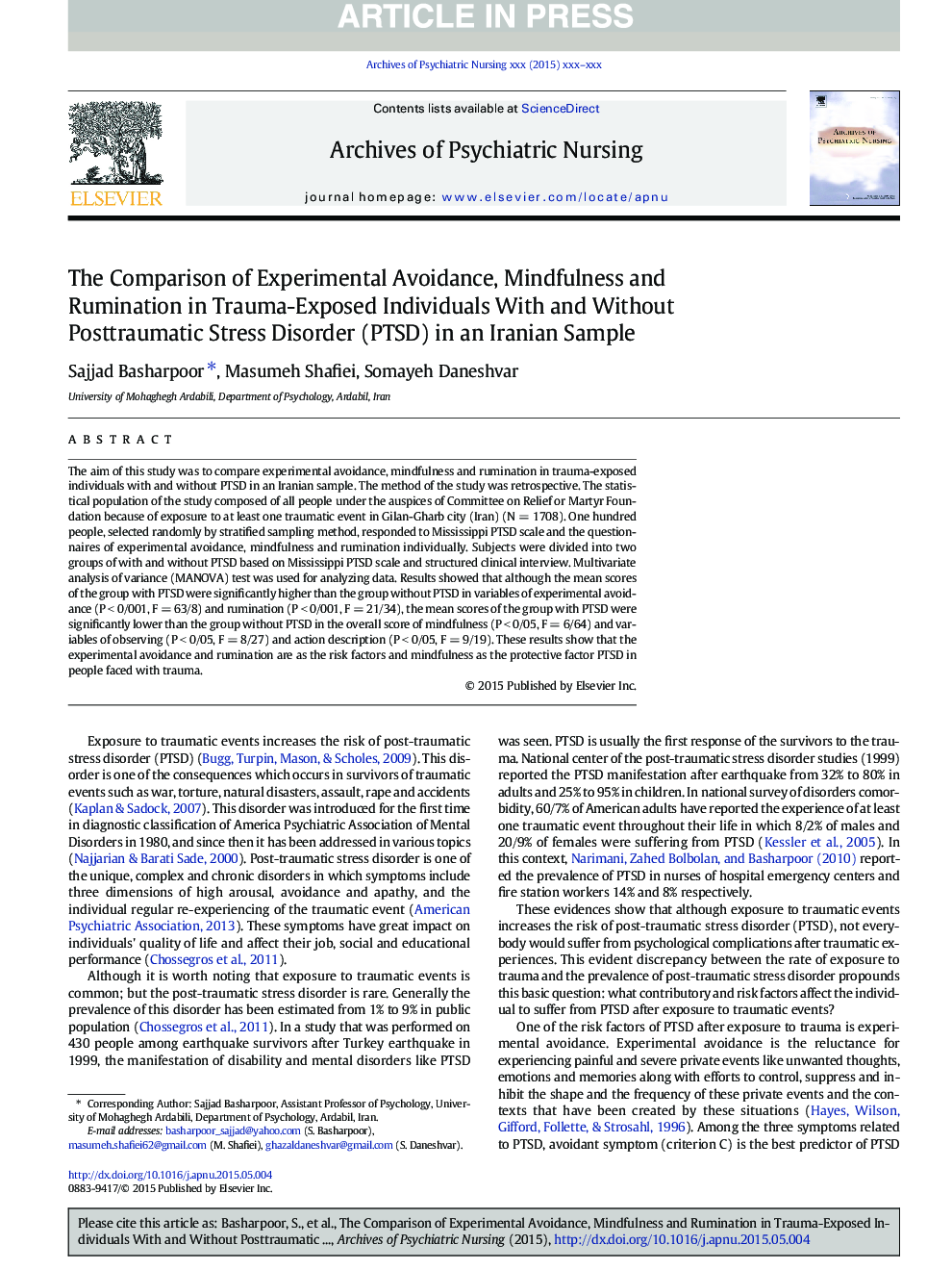 The Comparison of Experimental Avoidance, Mindfulness and Rumination in Trauma-Exposed Individuals With and Without Posttraumatic Stress Disorder (PTSD) in an Iranian Sample
