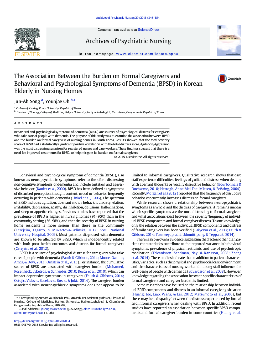 عکس صفحه اول مقاله: The Association Between the Burden on Formal Caregivers and Behavioral and Psychological Symptoms of Dementia (BPSD) in Korean Elderly in Nursing Homes The Association Between the Burden on Formal Caregivers and Behavioral and Psychological Symptoms of Dementia (BPSD) in Korean Elderly in Nursing Homes