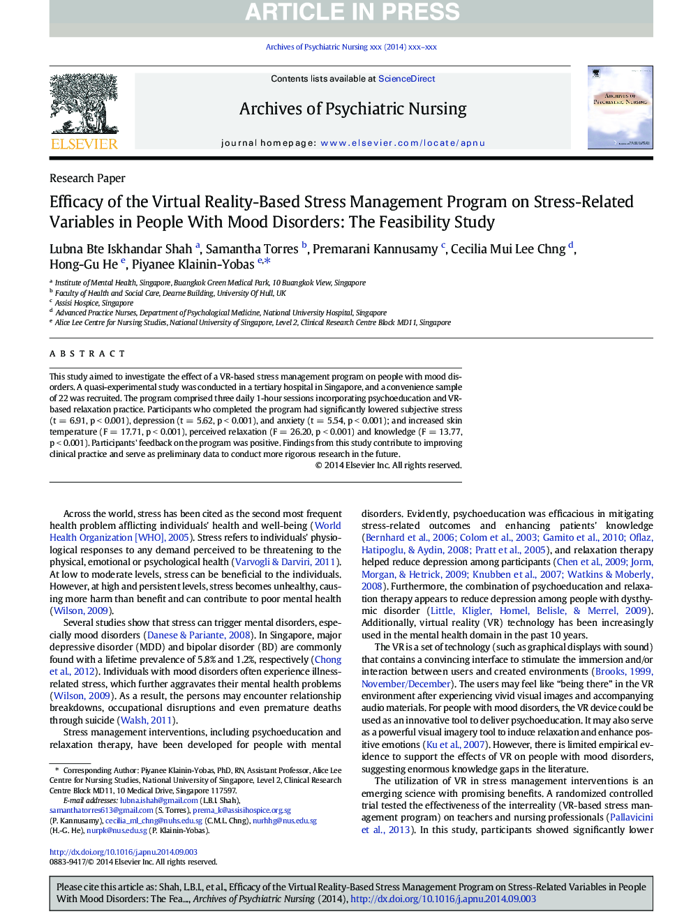 Efficacy of the Virtual Reality-Based Stress Management Program on Stress-Related Variables in People With Mood Disorders: The Feasibility Study
