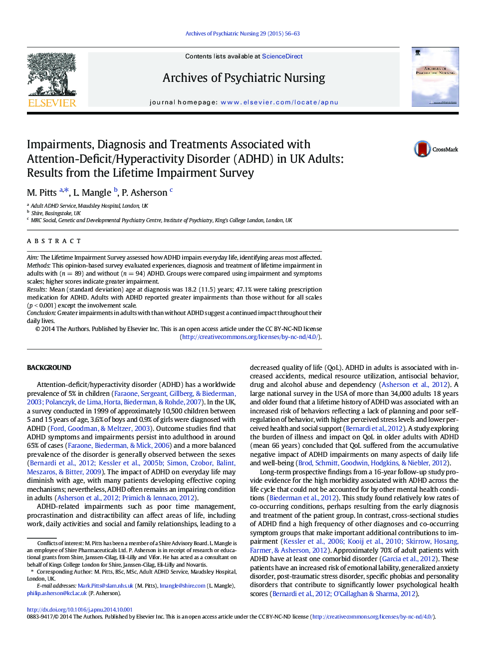 Impairments, Diagnosis and Treatments Associated with Attention-Deficit/Hyperactivity Disorder (ADHD) in UK Adults: Results from the Lifetime Impairment Survey