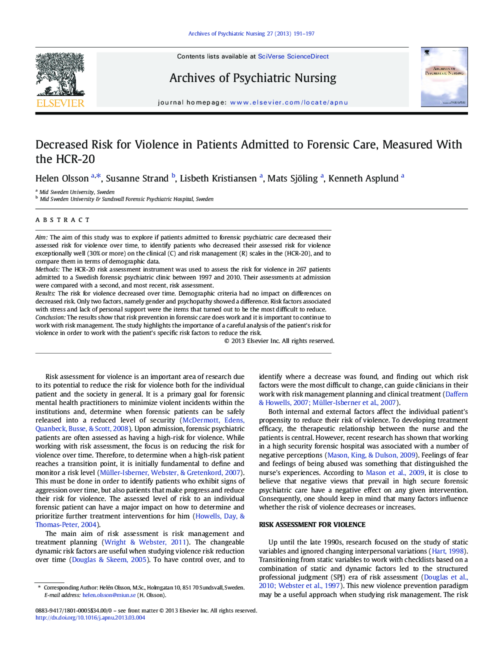 Decreased Risk for Violence in Patients Admitted to Forensic Care, Measured With the HCR-20