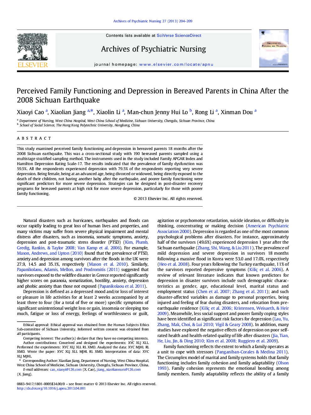 Perceived Family Functioning and Depression in Bereaved Parents in China After the 2008 Sichuan Earthquake