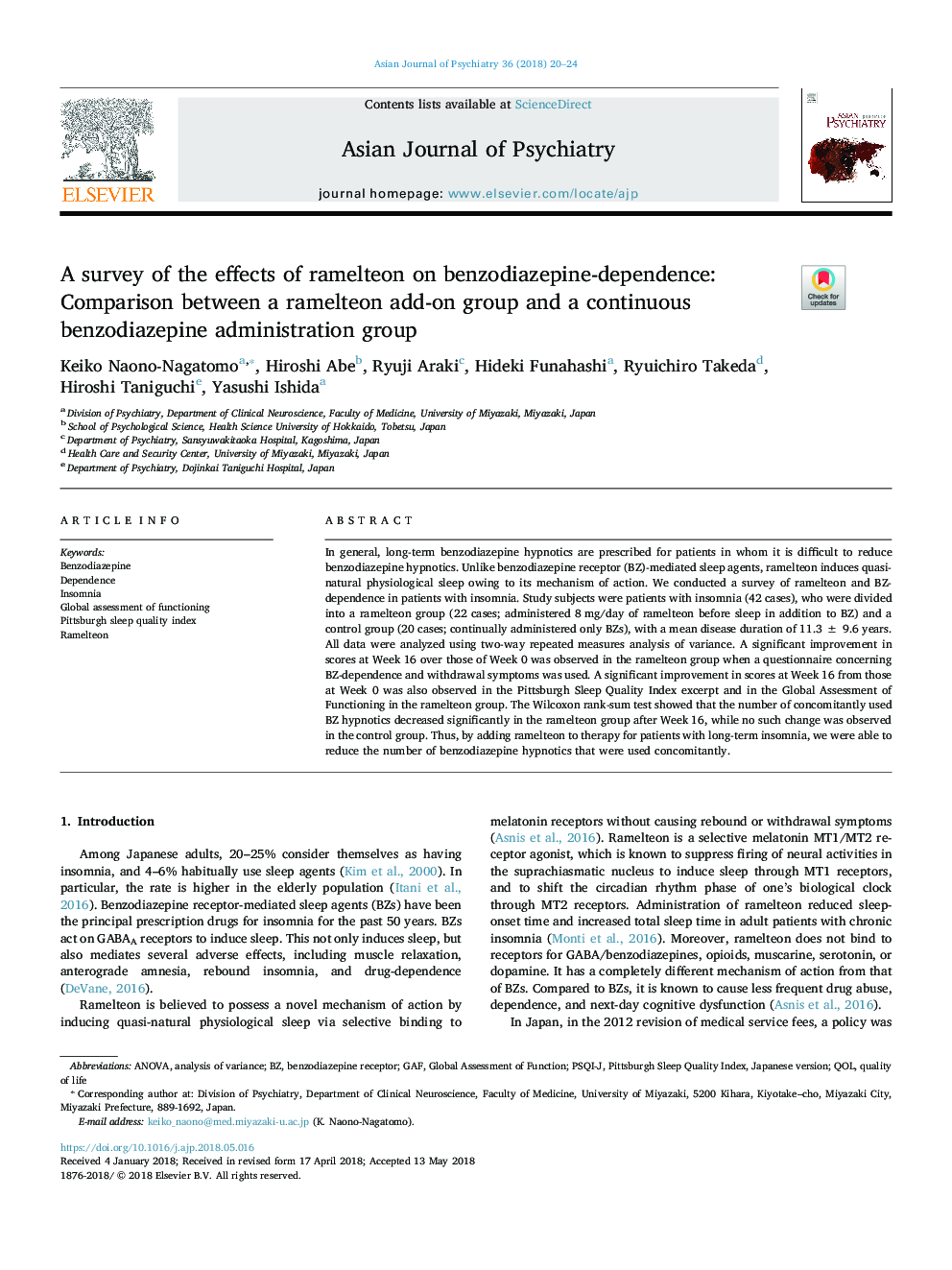 A survey of the effects of ramelteon on benzodiazepine-dependence: Comparison between a ramelteon add-on group and a continuous benzodiazepine administration group