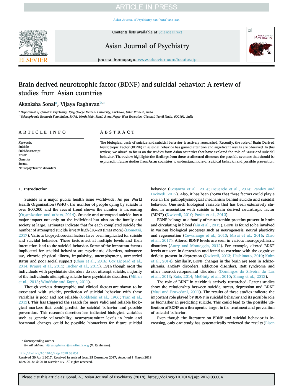 Brain derived neurotrophic factor (BDNF) and suicidal behavior: A review of studies from Asian countries