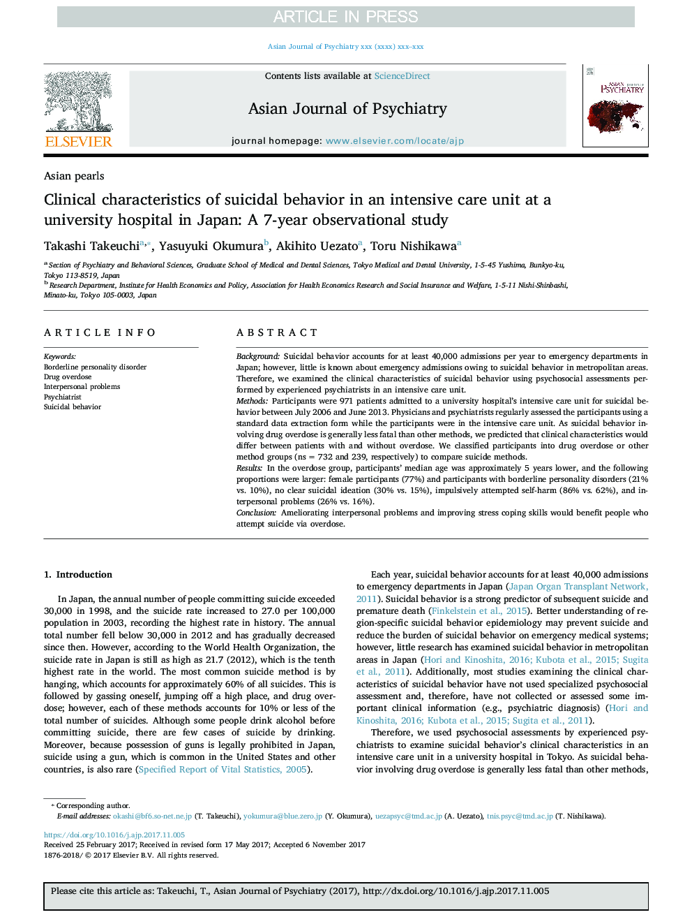 Clinical characteristics of suicidal behavior in an intensive care unit at a university hospital in Japan: A 7-year observational study