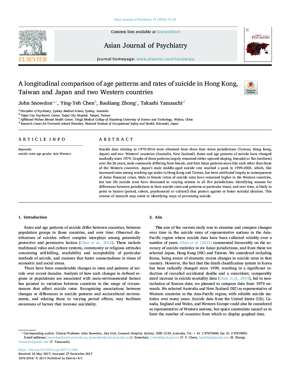 A longitudinal comparison of age patterns and rates of suicide in Hong Kong, Taiwan and Japan and two Western countries