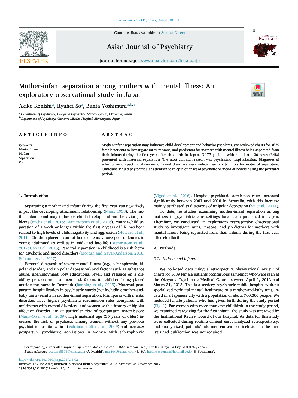 Mother-infant separation among mothers with mental illness: An exploratory observational study in Japan