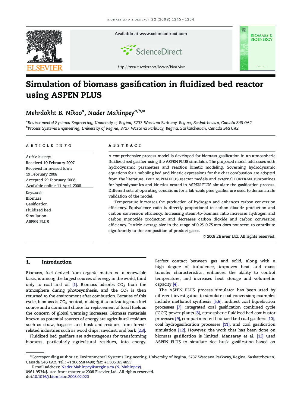 Simulation of biomass gasification in fluidized bed reactor using ASPEN PLUS
