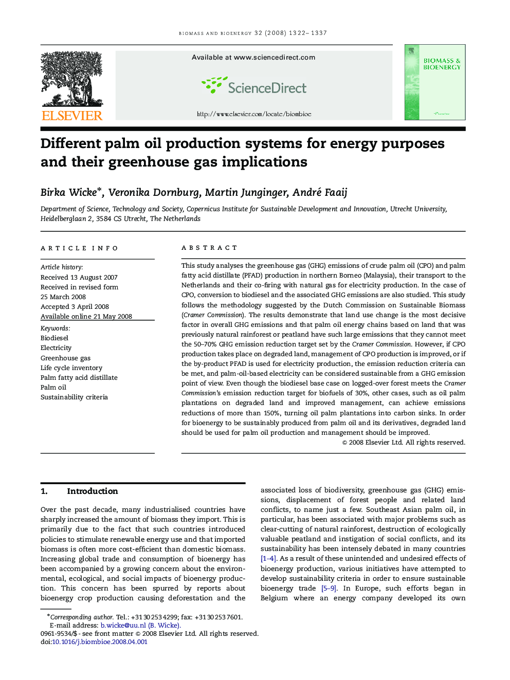 Different palm oil production systems for energy purposes and their greenhouse gas implications