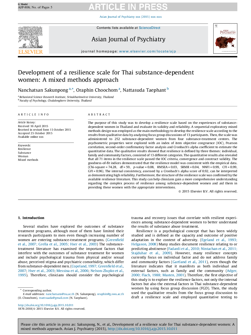 Development of a resilience scale for Thai substance-dependent women: A mixed methods approach