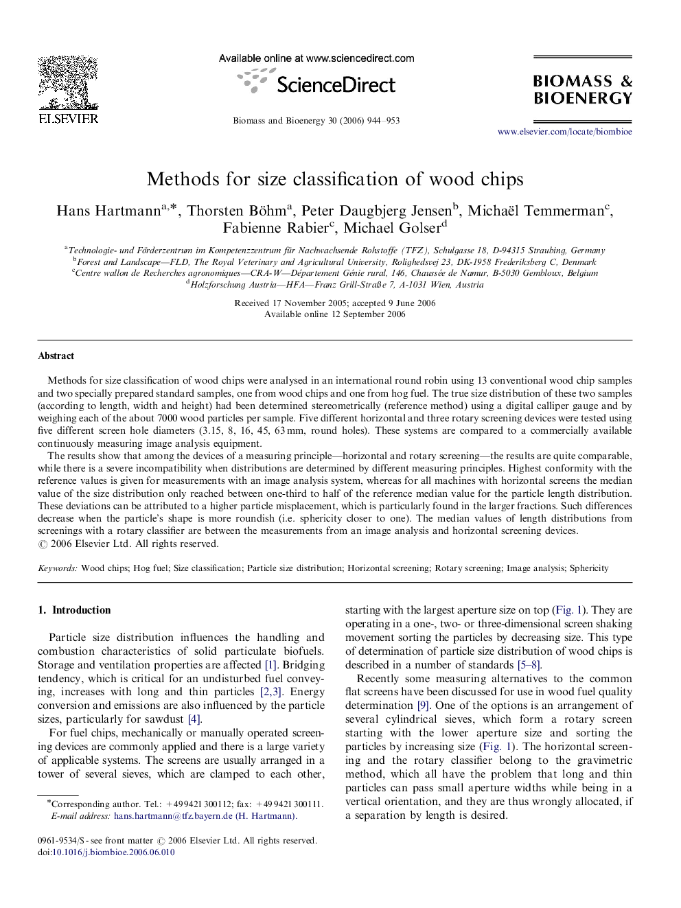 Methods for size classification of wood chips