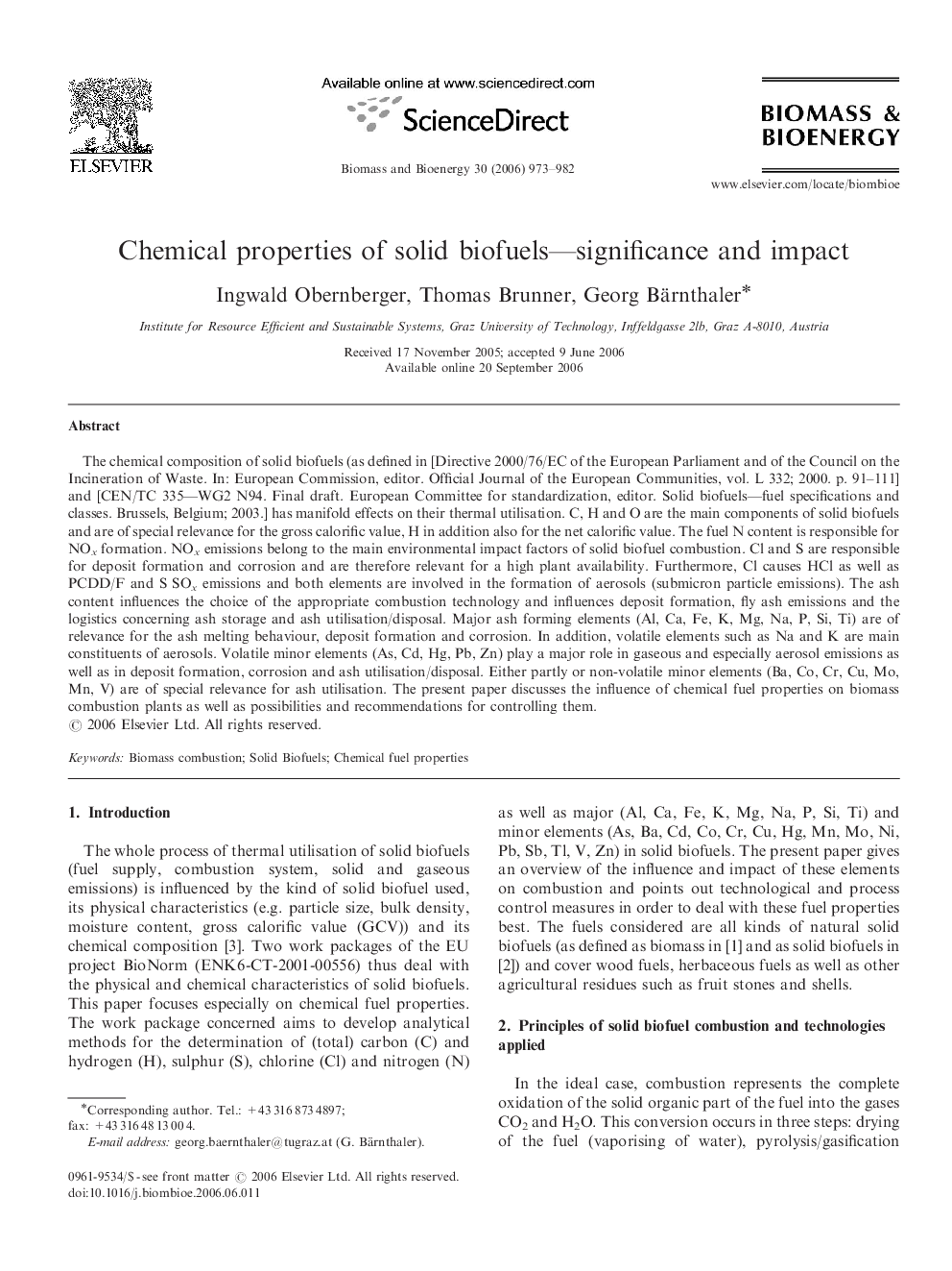 Chemical properties of solid biofuels—significance and impact