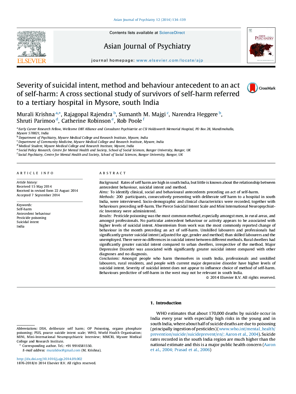 Severity of suicidal intent, method and behaviour antecedent to an act of self-harm: A cross sectional study of survivors of self-harm referred to a tertiary hospital in Mysore, south India