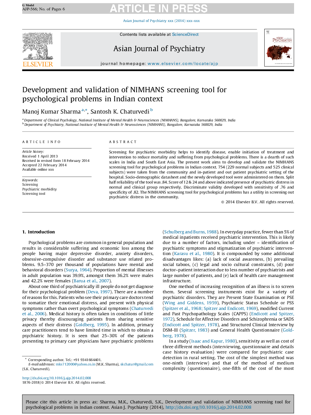 Development and validation of NIMHANS screening tool for psychological problems in Indian context