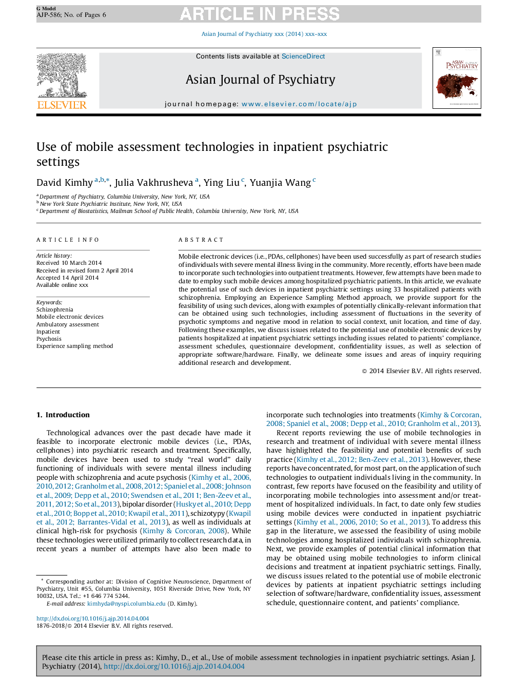 Use of mobile assessment technologies in inpatient psychiatric settings