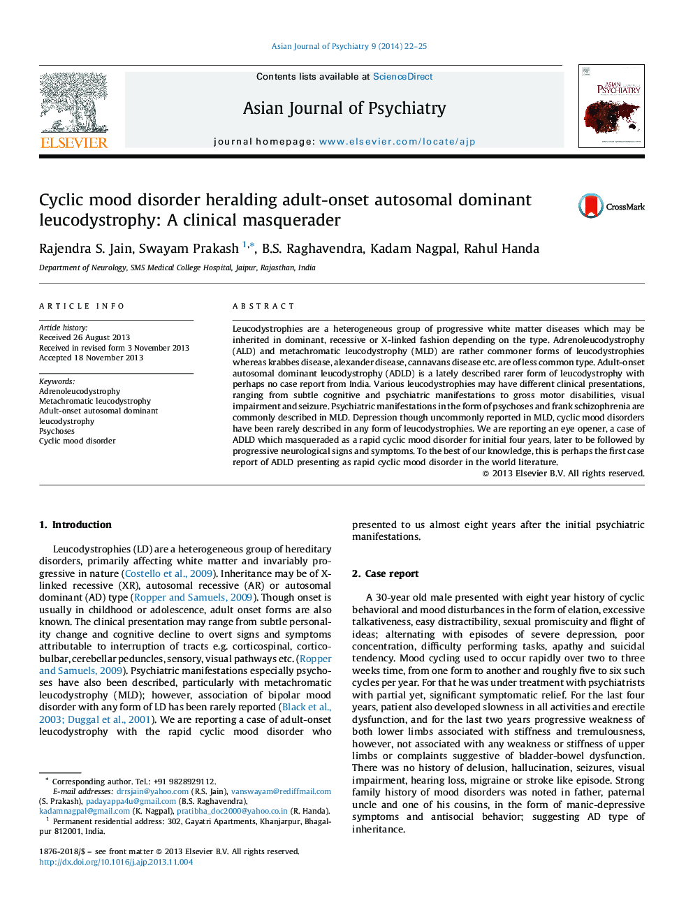 Cyclic mood disorder heralding adult-onset autosomal dominant leucodystrophy: A clinical masquerader