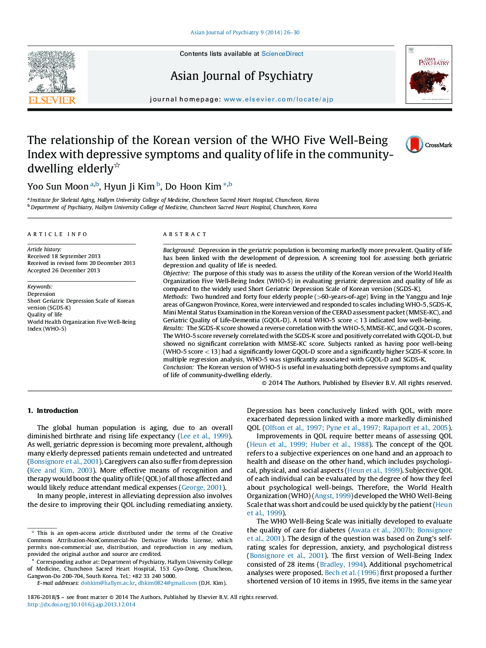 The relationship of the Korean version of the WHO Five Well-Being Index with depressive symptoms and quality of life in the community-dwelling elderly