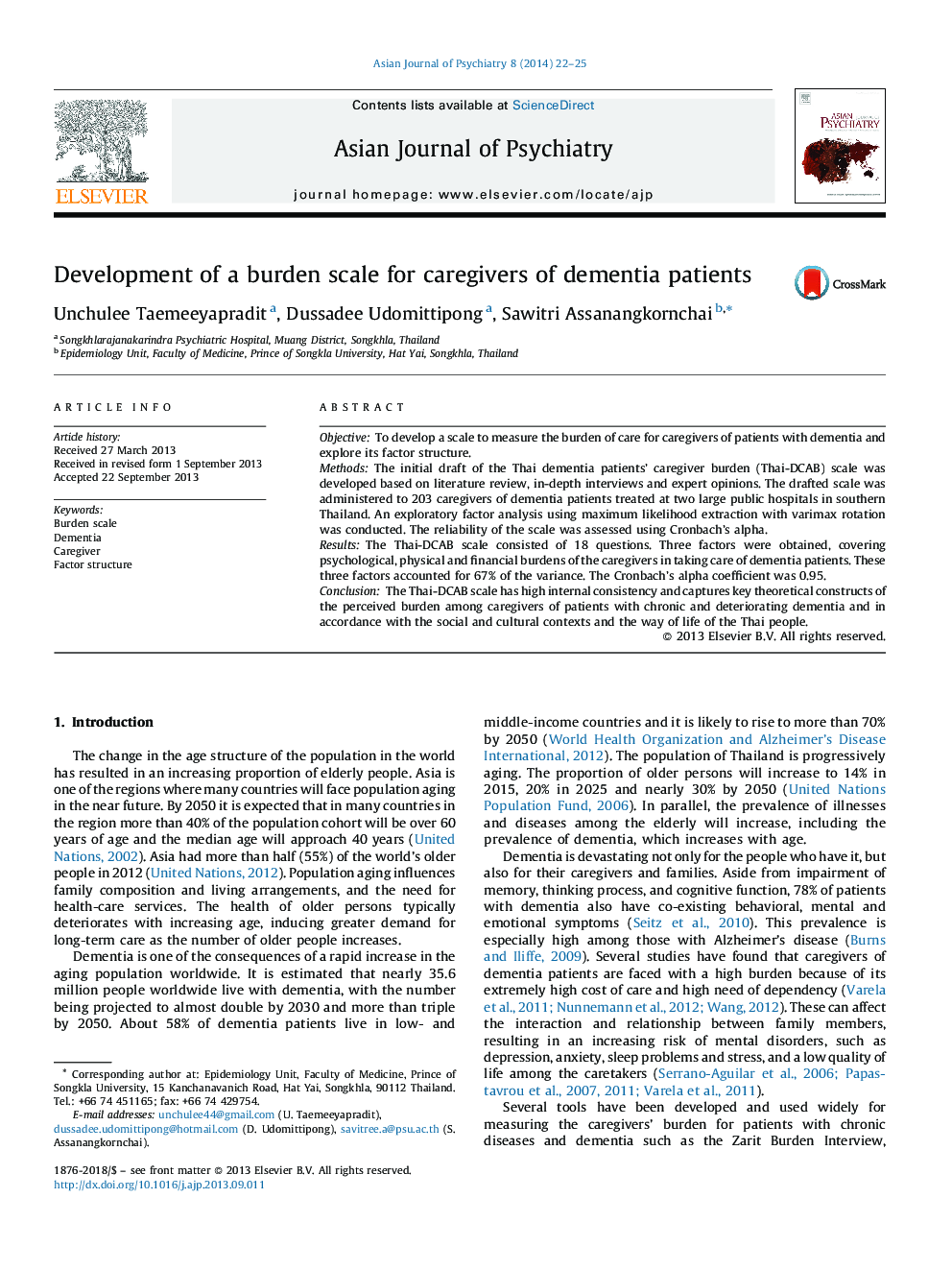 Development of a burden scale for caregivers of dementia patients