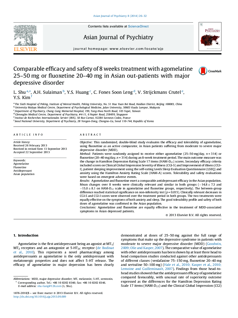 Comparable efficacy and safety of 8 weeks treatment with agomelatine 25-50Â mg or fluoxetine 20-40Â mg in Asian out-patients with major depressive disorder