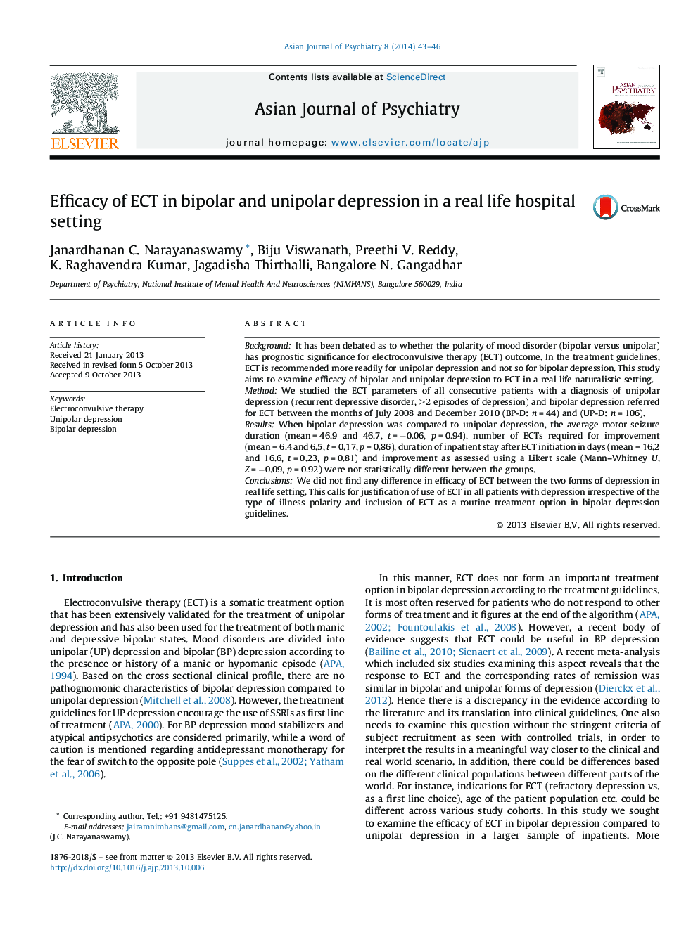 Efficacy of ECT in bipolar and unipolar depression in a real life hospital setting