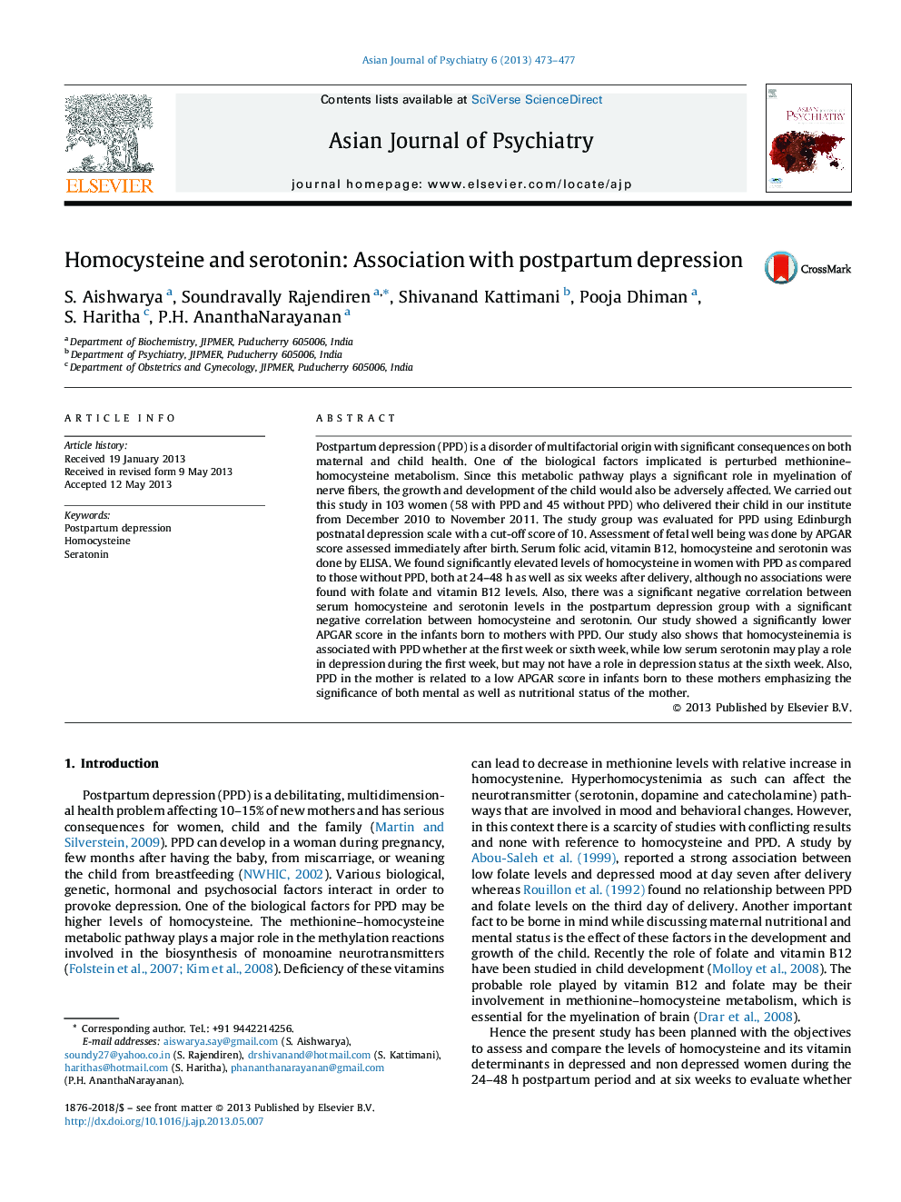 Homocysteine and serotonin: Association with postpartum depression