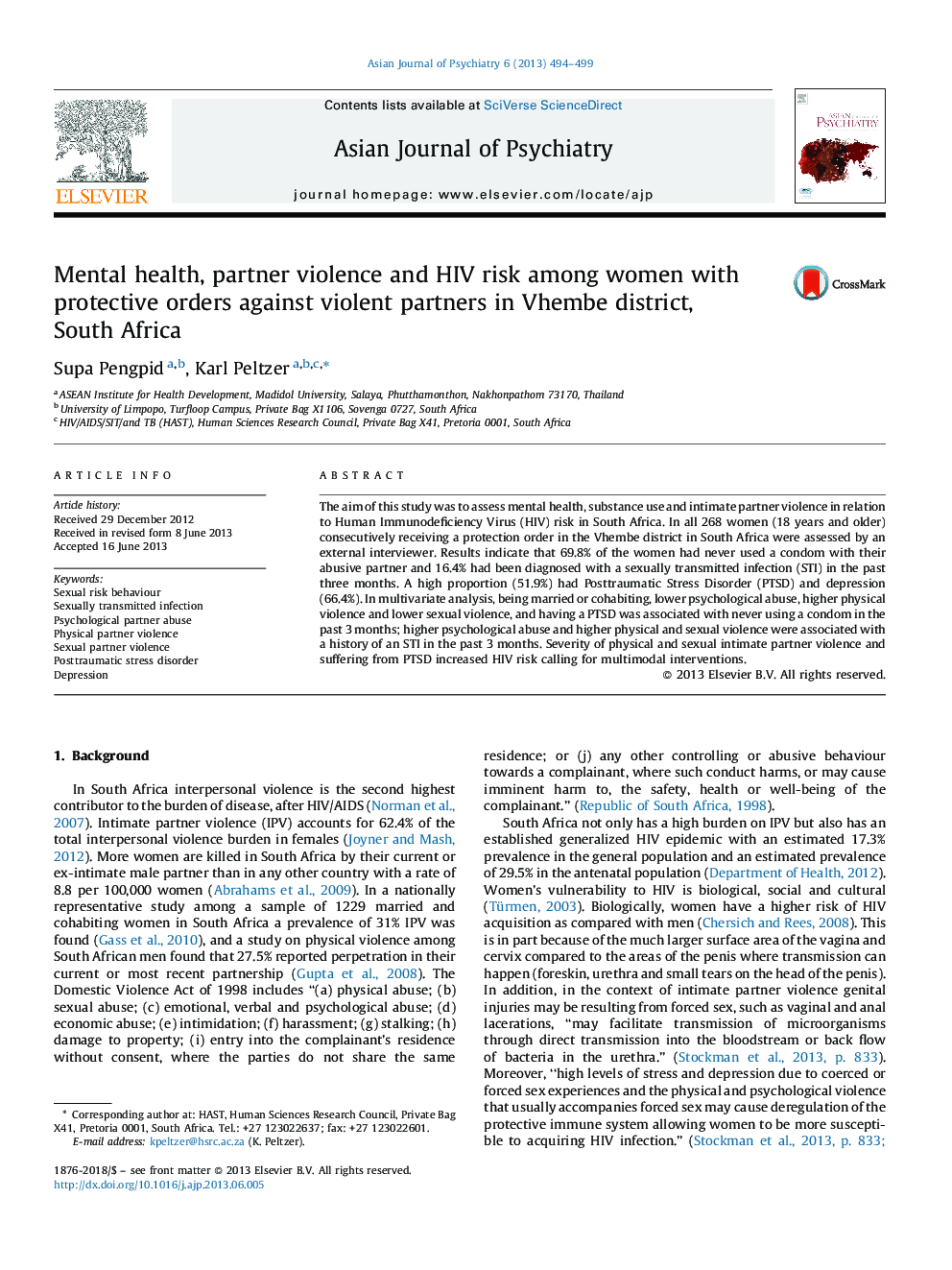 Mental health, partner violence and HIV risk among women with protective orders against violent partners in Vhembe district, South Africa