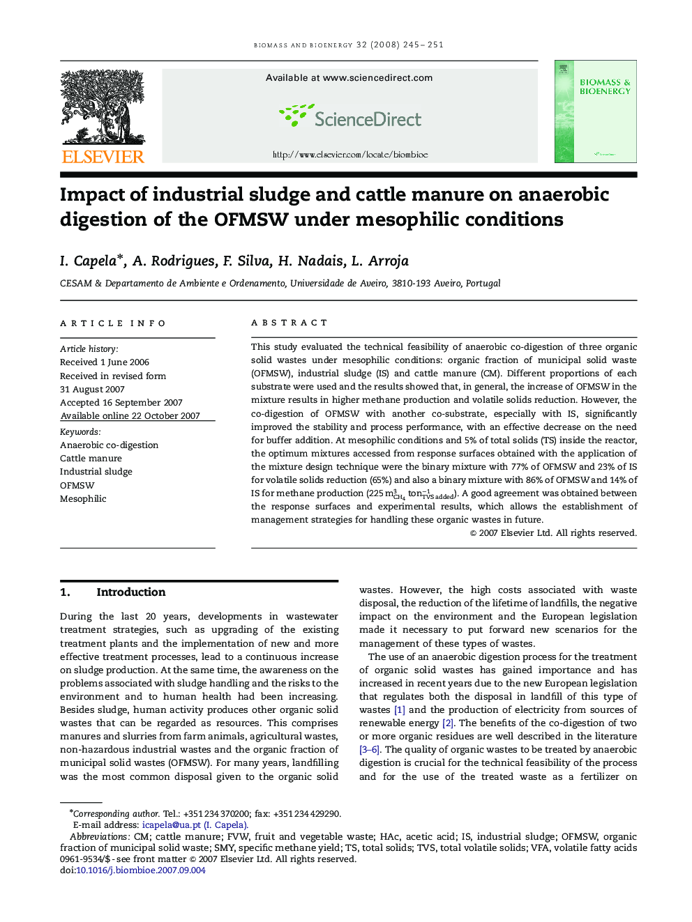 Impact of industrial sludge and cattle manure on anaerobic digestion of the OFMSW under mesophilic conditions