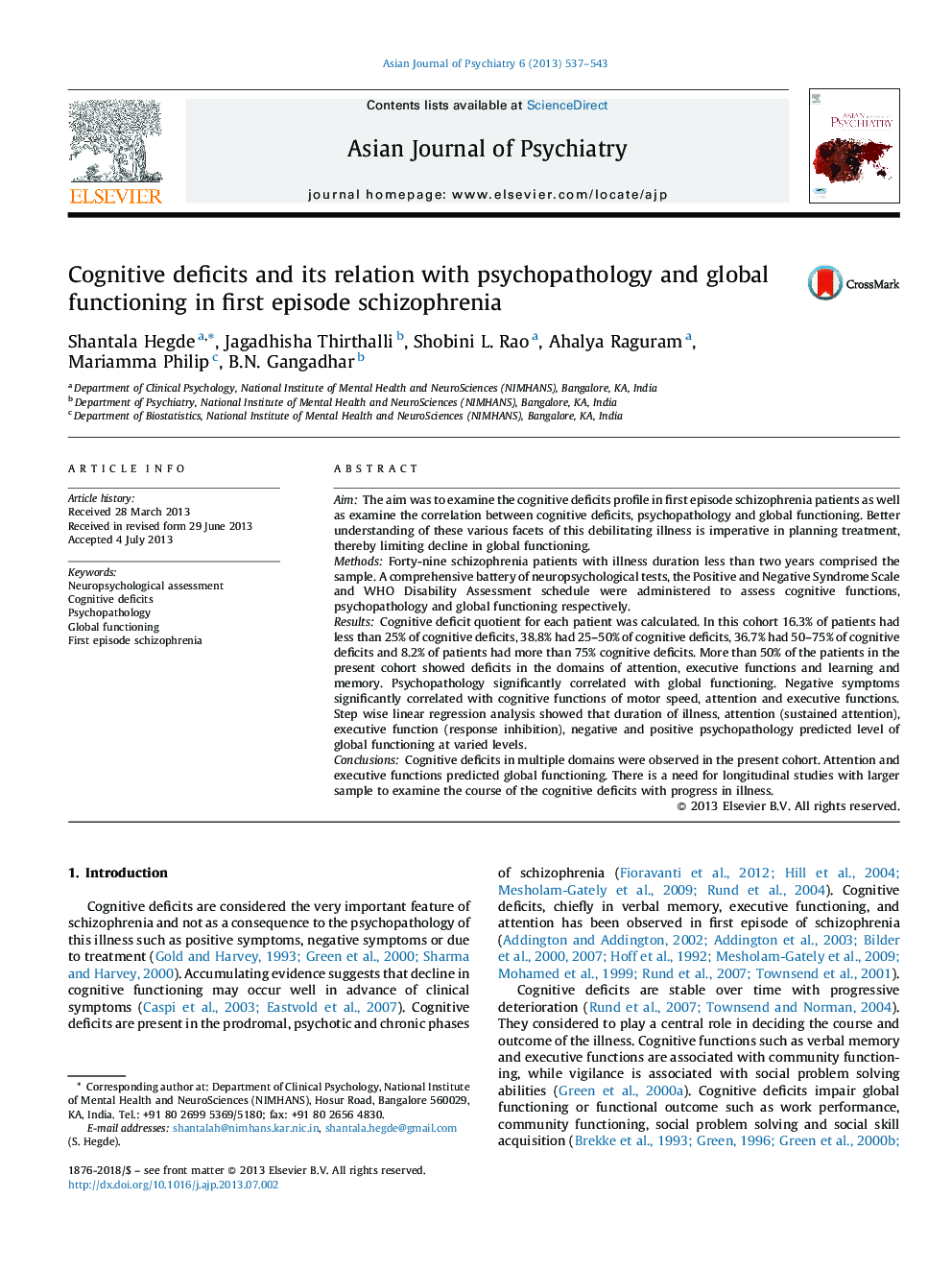 Cognitive deficits and its relation with psychopathology and global functioning in first episode schizophrenia